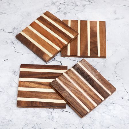 Handmade Brown Pattern Wooden Coasters - Pack of 4